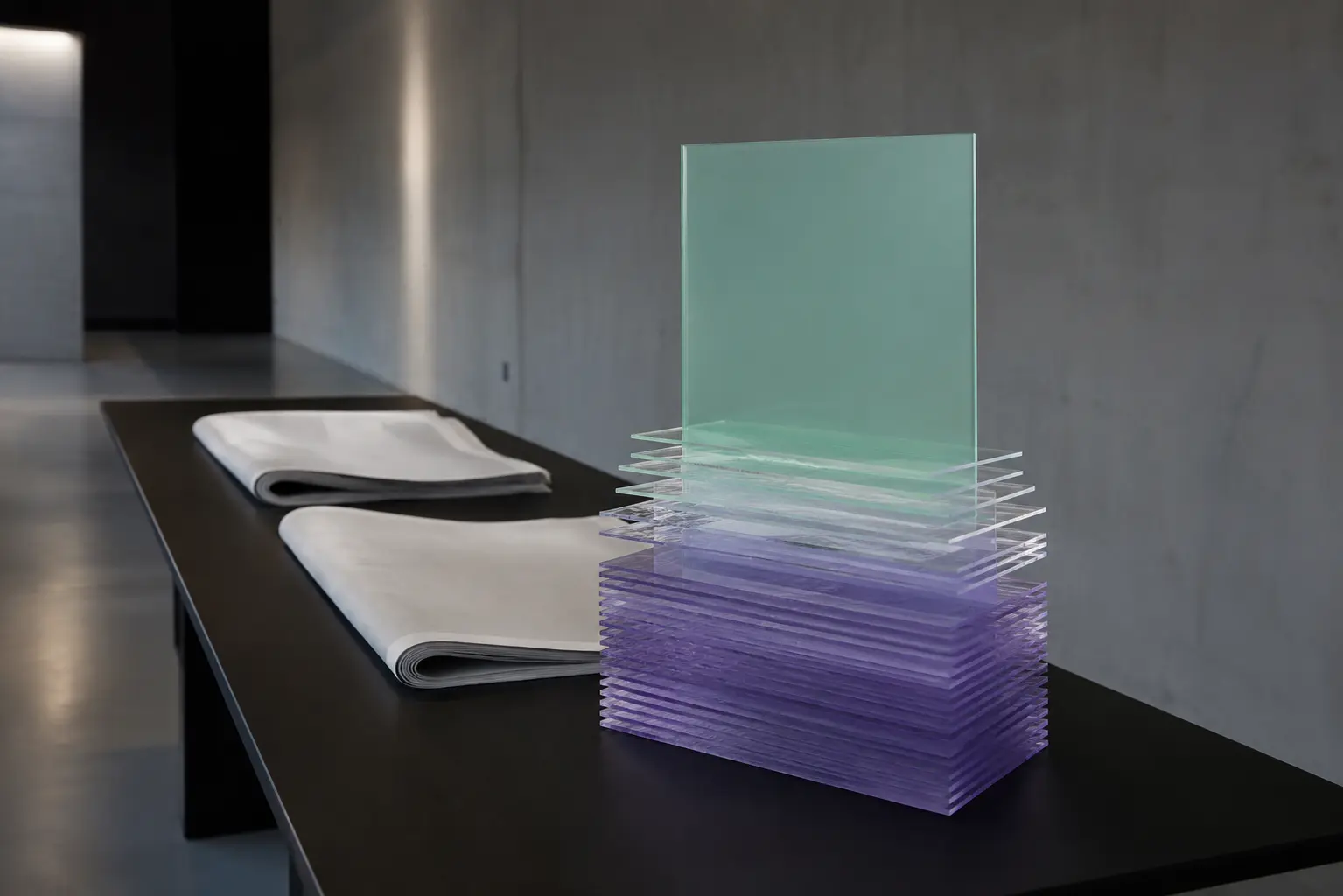 Transparent mint and violet data plates rising above blank folded broadsheets