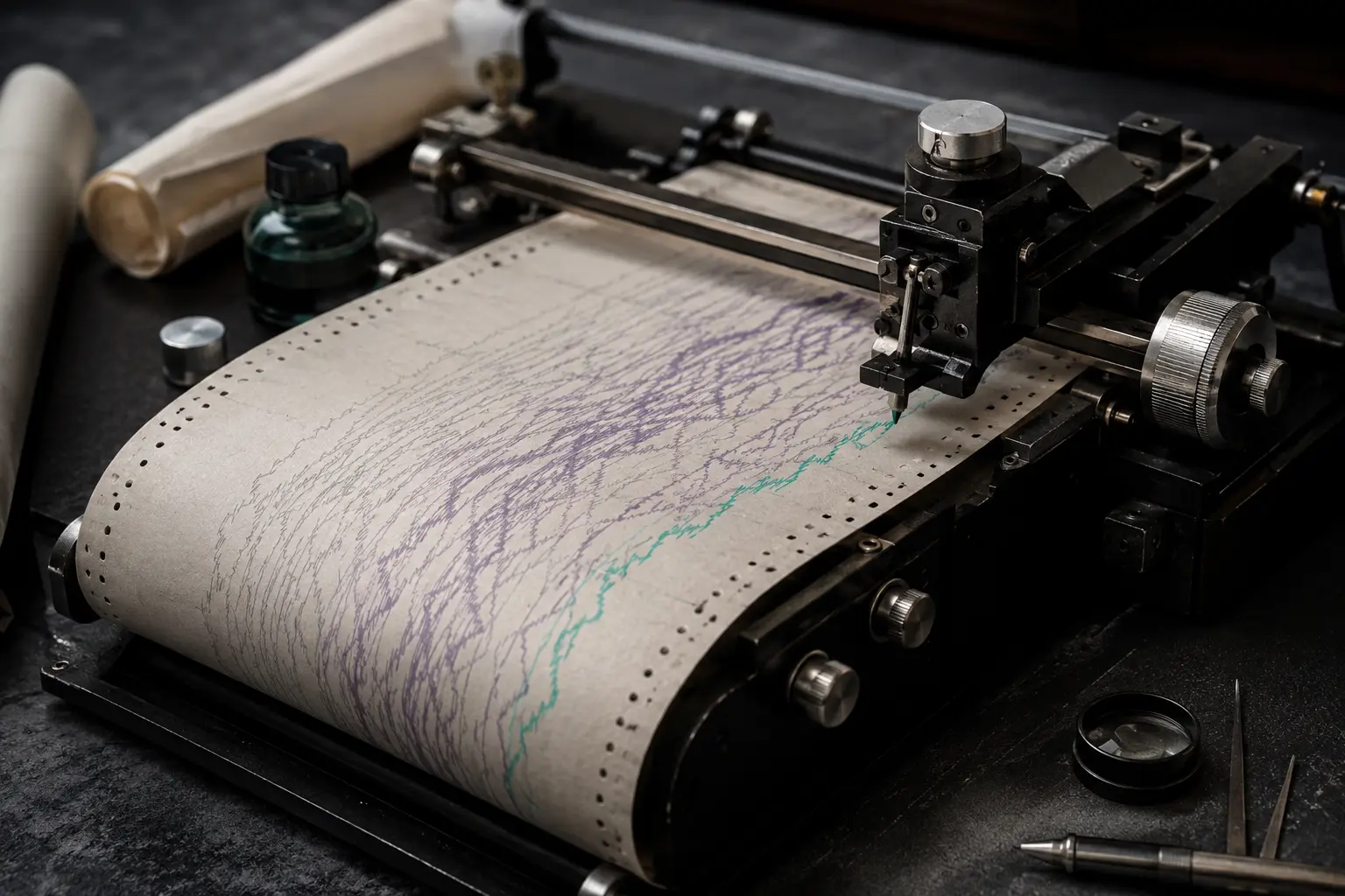 A mechanical chart recorder drawing one mint signal through a dense field of violet traces